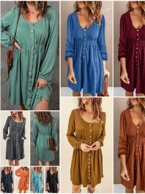 NWOT Green Button Up High Waist Long Sleeve Dress